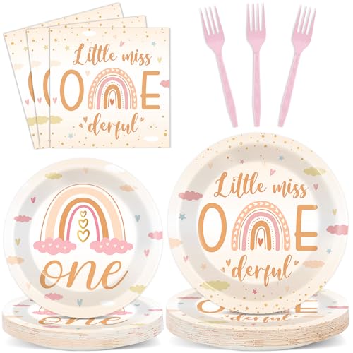 96Pcs Boho Rainbow Party 1st Decorations Miss Little One Derful 1st Themed Tableware Rainbow First Trip Birthday Plates Napkins Forks Onederful Dinnerware Supplies for Baby Shower Birthday Serves 24