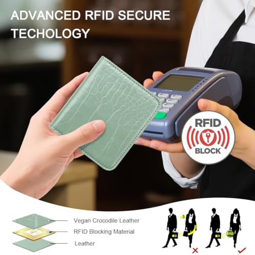 Image of Crocodile Wallets Women Small RFID Blocking Credit Card Holder | Luxury Alligator Faux Leather Thin Bifold Croc Womens Wallet Ladies Mini Purse with Coin Pocket, Green