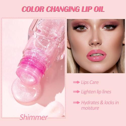 Prreal 2PCS Color Changing Lip Oil, Shimmer Lip Glow Oil with Big Brush, Hydrating Temperature Color Change Lip Gloss Lip Balm, Long-Lasting Lip Oil Tinted for Lip Care(01+02) - Image 6