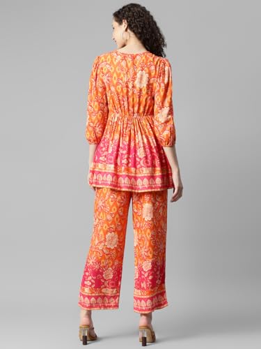 Image of DEEBACO Women's Floral Print Rayon Top & Pants Co Ord Set for Women V Neck 3 /4 Puff Sleeve Ladies Party Casual Wear Fashionable for Girls Loose Fit Cord Set (DBCOMR00000978 M Orange)