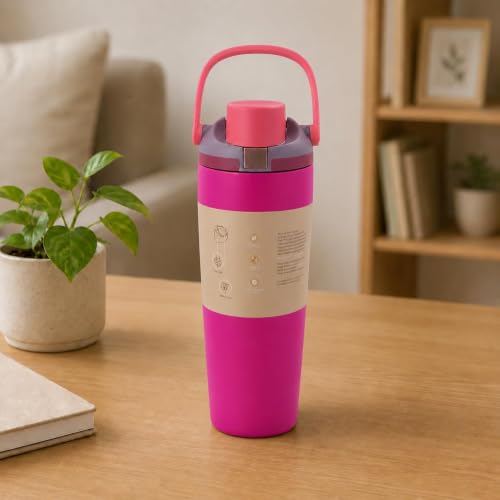 Image of HomeCloud 900ML Stainless Steel Water Bottle - Double-Wall Vacuum Insulated, Leakproof Straw Lid, BPA-Free Reusable Travel Flask with Two-Way Spout for Gym, Office & Outdoor Use (Fushia Move)