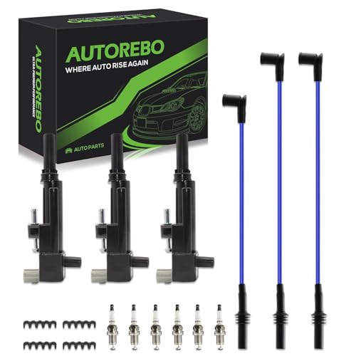 Set of 3 Ignition Coils Pack UF640 5149199AA with 6 Iridium Spark Plugs with Wire Set Compatible with Dodge Jeep 1500 Dakota Durrango Nitro Raider Grand Cherokee Liberty 2009-2012 3.7L V6, 68320417AA by AUTOREBO - Used condition - CA$111.19
