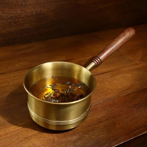 Image of Arra Brass Tea Pan with Wooden Handle - 750 ml | Induction Ready Saucepan | Non-Stick Chai /Milk Pot | Gas Compatible Tapeli Patila | Ideal Gift for Any Occasion