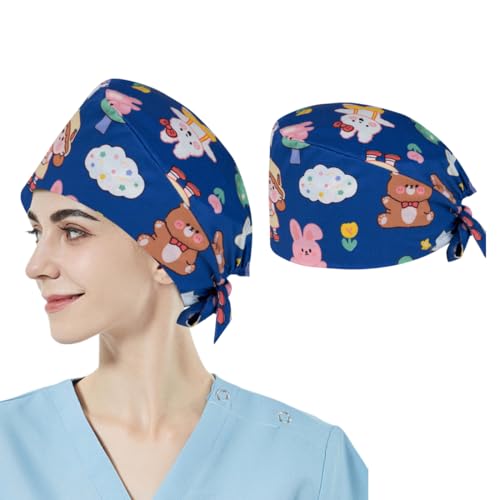 UEIOAVL Gorros de enfermería, 1 gorro de enfermera ajustable con botón gorro de enfermera mullido con banda absorbente de sudor gorro quirúrgico higiénico para hombres y mujeres (azul)