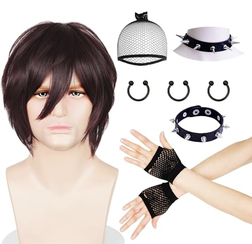 LABEAUTÉ Men's Short Brown Anime Cosplay Wig Unisex Emo-punk Costume Scene Wig Set with Bangs Synthetic Hair for Women Halloween Party