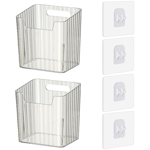 Set of 2 Storage Organizer Bins Wall Mounted Floating Shelves Fridge Organizer Stackable Clear Plastic Storage Bins for Wall, Refrigerator, Kitchen, Bathroom, Countertops, Pantry, BPA Free (Clear)