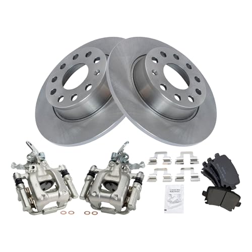 Image of TRQ Rear Brake Pad and Rotor Set Semi Metallic Rotors Calipers Compatible with 2010 Audi A3 A3 Quattro Volkswagen Jetta
