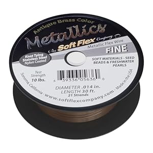 Soft Flex Non-Tarnishing Bead Stringing Jewelry Making Wire, 21 Strands of Braided Stainless Steel Beading Wire, .014 Fine Diameter, 30 ft Antique Brass Nylon Color Coating