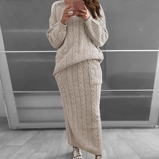 Women's Winter Casual Chunky Cable Knit Long Pencil Skirt 2 Piece Outfit Oversized Pullover Plus Size Sweater Sets Warm Suit - Image 2