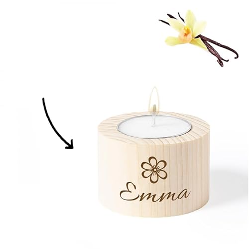 Candela personalizzabile Vaniglia - Candela decorativa con coperchio in legno da incidere con testo e logo [ Candela profumata a lunga durata]