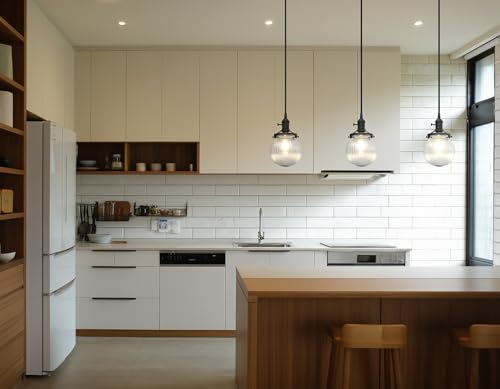 Image of Phansthy Kitchen Island Lighting, 3 Lights Linear Chandeliers, Hanging Light with 5.9 inch Globe Striped Glass Shade, 3-Light Pendant Light Fixtures for Dining Room Farmhouse (Black, Long Base)