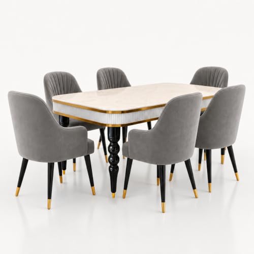 Image of 6-Seater Dining Table Set with Nano Composite Marble Top | Golden PVC Wooden Base | Includes 6 Fabric Upholstered Chairs | 2 Year Warranty | Dining Room Furniture Set for Home (Gray)