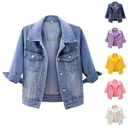 Women's 3/4 Sleeve Colored Cropped Denim Jacket Light Wash Short Boyfriend Jean Jacket Trucker Coat