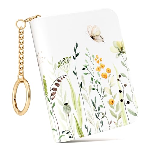 Image of Credit Card Holder RFID Wallet for Women, Small Leather Card Organizer Case with Zipper and Keychain, Weeds