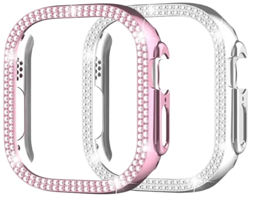 Image of AMiRiTE ADS144 Bling Diamond Rhinestone Ony Bumper Watch Case Cover Without Glass Compatible with Apple iWatch Series 49mm Ultra /Ultra 2 (49MM [ Bling CASE Combo Pack of 2 ], Rose Pink & Silver)