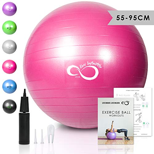 Live Infinitely Exercise Ball (55cm-95cm) Extra Thick Professional Grade Balance & Stability Ball- Anti Burst Tested Supports 2200lbs- Includes Hand Pump & Workout Guide Access (Pink, 65 cm)