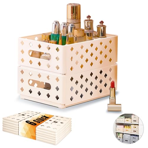 KAOTPO 6 cajas plegables pequeñas (26,5 × 20 × 10 cm), caja plegable pequeña para almacenamiento y clasificación, cesta pequeña para cocina y armario, cajas plegables, estables (color crema)