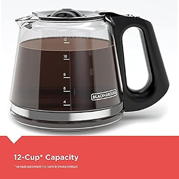 BLACK+DECKER CM1110B Programable 12-Cup Coffee Maker, Easy Pour, Non-Drip Carafe with Removable Filter Basket, Black