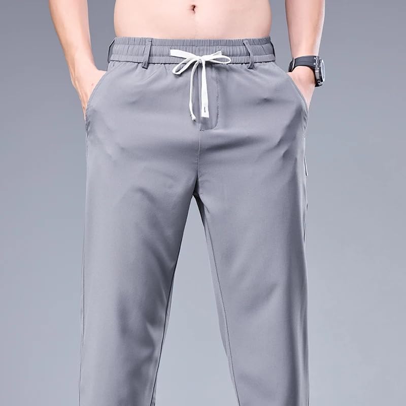 Men Drawstring Casual Pants Summer Ice Silk Sweatpants Elastic Waist Business Male Trousers3