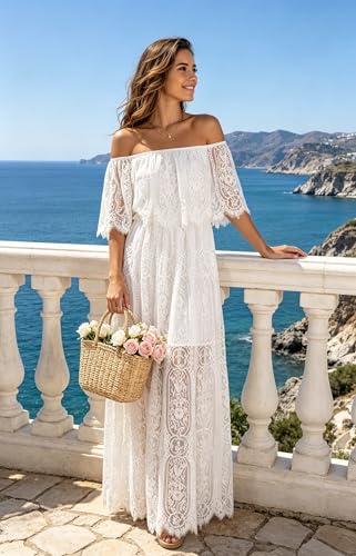Image of Cercis Womens Off The Shoulder Floral Lace Maxi Wedding Dress Boho Flowy Wedding Guest Formal Long Dresses