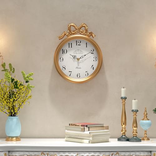 French Small Wall Clock with Bow, Vintage Gold Boho Style - Image 5