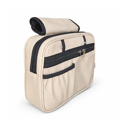 Image of Grab Handle Bag | Dashboard Grab Handle Storage Organiser Bag | 2 Compartments with Transparent Pocket | Compatible with Thar, Jimny, Gypsy, Jeep, Gurkha and other SUVs and Car | PU Leather (Beige)