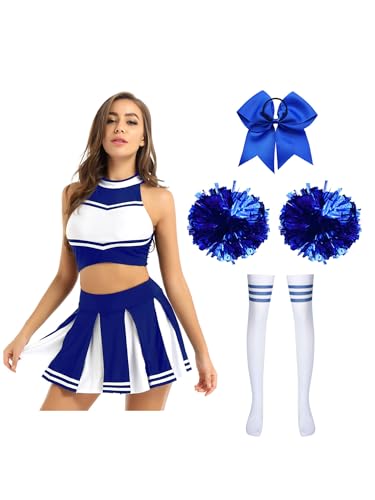 Alvivi Cheer Leader Kostüm Damen Cheerleading Uniform 5tlg.Crop Tops + Rock + Socken Pompoms Haarband Halloween Karneval Fasching Kostüm Blau S