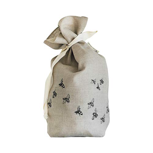 Linen Bread Bag, Plastic Free, Reusable & Machine Washable. Perfect for sourdough, home baked bread and pastries. Hand printed with a beautiful bee design. Made in UK. Approx: 42cm x 28cm x 12cm