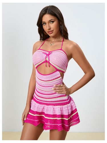 Image of MakeMeChic Women's Summer Crochet Dresses Casual Striped Halter Cut Out Tie Backless A Line Ruffle Mini Dress