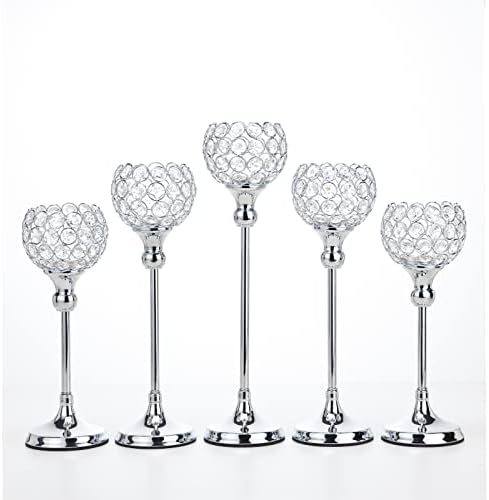 ECOM KING Silver Crystal Candle Holder,Tea Light Candlestick Holders for Wedding Table Decoration,Centerpiece for Party Home Decor(Silver,5Pcs)
