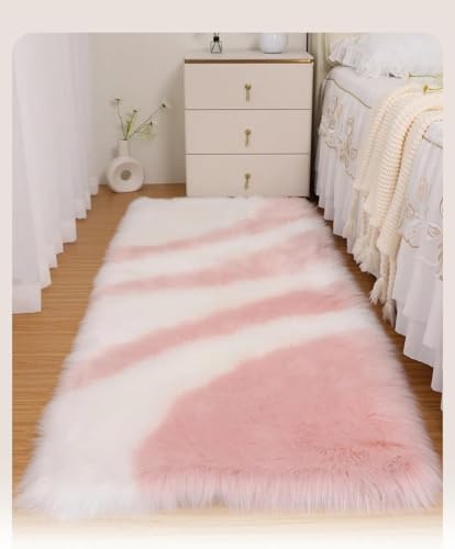 BIKETEK Plush Faux Fur Area Rug, Irregular Color-Block Bedside Runner,
