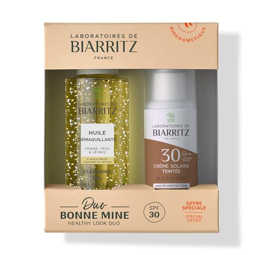 Laboratoires de Biarritz - Duo Bonne Mine - Crème solaire teintée SPF30 Dorée 50 ml et Huile démaquillante 100 ml - Pour une Peau Protégée, Unifiée et Propre - Fabriqué en France