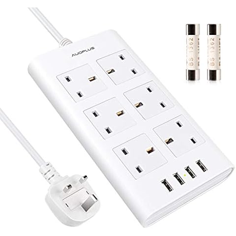 Surge Protected Extension Lead, AUOPLUS 6 Gang Power Strip with 4 USB Port, Multi Plug Charging Station for Phone/Tablet/Laptops, Power Extension for Home & Office - 2 Meter Cord - white Cover