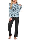iChunhua Womens Leopard Pajama Set Long Sleeve Sleepwear Crew Neck Nightwear Soft Pjs Lounge Sets with Pockets Leopard M