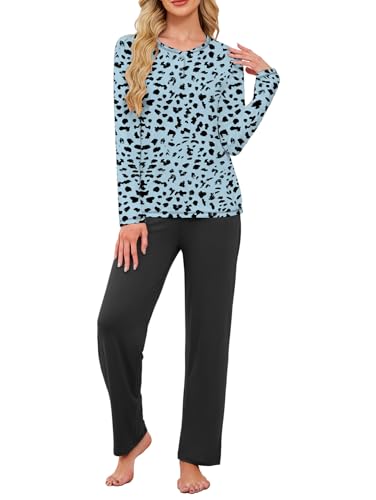 iChunhua Womens Leopard Pajama Set Long Sleeve Sleepwear Crew Neck Nightwear Soft Pjs Lounge Sets with Pockets Leopard M
