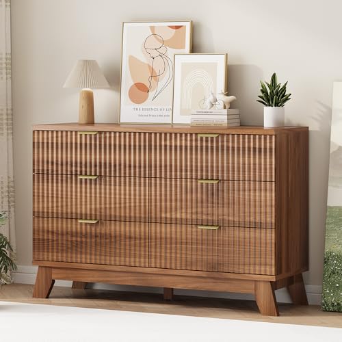 Image of Xixini Fluted Dresser for Bedroom with 6 Drawers, 48 inch Wide Modern Chest of Drawers with Metal Handle, Wooden Dresser TV Stand, Wood Closet Clothes Storage Organizer for Living Room, Hallway, Walnut