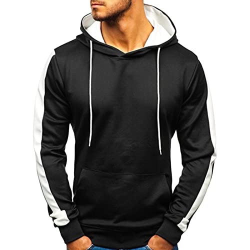 Maiyifu-GJ Men's Stripe Slim Athletic Hoodies Color Block Pullover Hoodie Contrast Color Hooded Sweatshirt with Kanga Pockets (Black,X-Large)