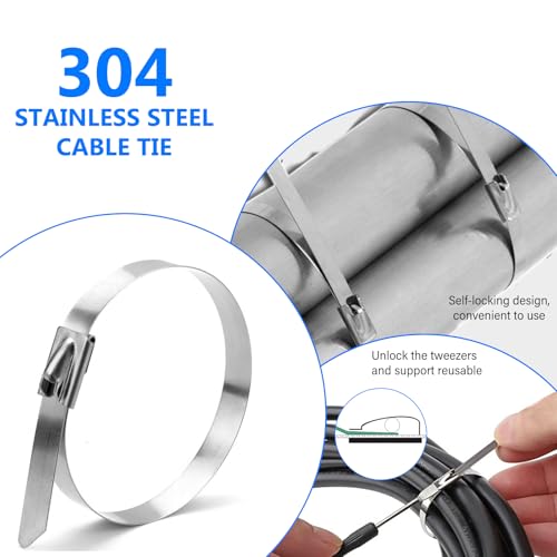 100 Stück Metall Kabelbinder Set, Edelstahl Kabelbinderpistole Verstellbares Spannwerkzeug Edelstahl Kabelmanagement Kabelbinderzange, 4,6 X 200 mm Für Festziehen Geschnittener Kabelbinder