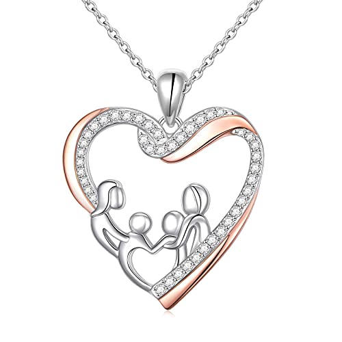 Heart Necklace for Women, Rose Gold Plated Love Heart Family Pendant with Cubic Zirconia , 925 Sterling Silver Heart Necklace Gift for Girlfriend Mother, Best valentines-day Gift with Jewelry Box