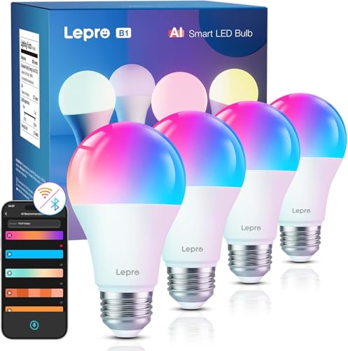 Lepro - Lepro B1 AI Smart Bulb, LED Light Bulbs Color Changing, Work with Alexa and Google Assistant, WiFi & Bluetooth, Music Sync, Via Lepro App, RGBWW Dimmable LLM, A19 E26 800 Lumen, 4 Packs - -34%