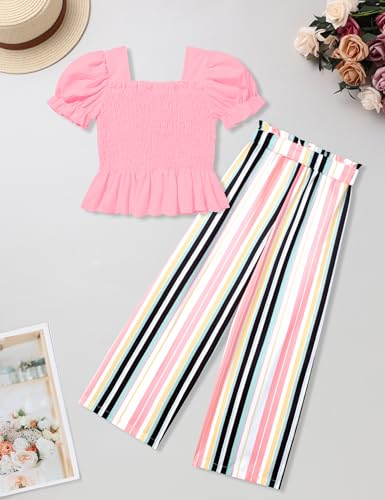 Image of Girls Clothes Solid Color Square Collar Stretch Top and Wide Leg Pants Clothes for Teen Girls 6-14Y
