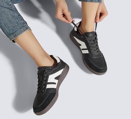 Image of LUCKY STEP Women Retro Gum Sole Fashion Sneakers | Genuine Leather Classic Tennis Skate Walking Shoes Anti Slip Trainers