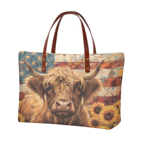 Sannovo Highland Cow Women Tote Shoulder Bag American Flag Large Hobo Bag Lightweight Satchel Purse for Party Work, PU Handle Top Handle Purse for Women, Brown
