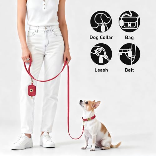Image of Didog Dog Poop Bag Holder for Leash, Stylish PU Leather, Red