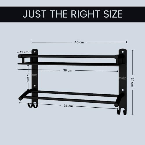 Image of GLOXY Combo Pack of 2 Black Matte Finish Washroom Storage Organizer - Premium Bathroom Stainless Steel Shelf with Towel Holder Rods - Bathroom Fittings Accessories Set for Home, Office & Restaurants