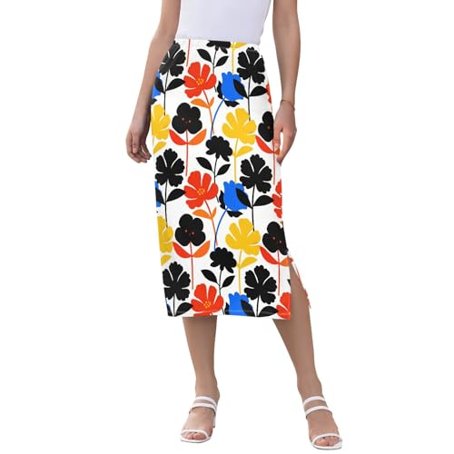 Faldas para mujer tipo falda midi de cintura alta con abertura y flores para moda