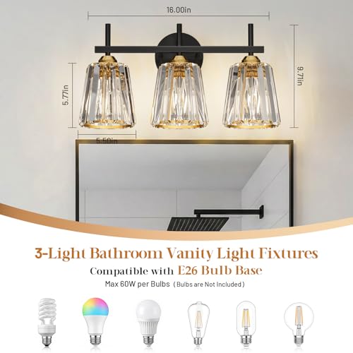 Image of Crystal Bathroom Light Fixtures Over Mirror, Black Gold 3-Light Bathroom Vanity Lights Over Mirror Modern Wall Lighting Sconces with Ceramic E26 Base (Bulbs Not Include)