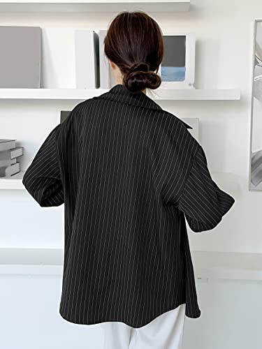 Image of Aahwan Solid Button Up Drop Shoulder Vertical Stripe Pattern Casual Long Sleeve Shirt for Women's & Girl's