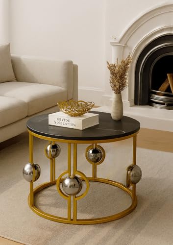 Image of Marble Look Coffee Table, Round Accent Metal Center Table with Golden Metal Frame Golden Black