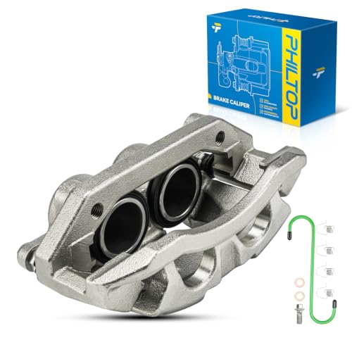Image of PHILTOP Front Left Brake Caliper for 2007-2008 Dodge Ram 1500, Dakota | Ductile iron caliper with zinc plating, dual steel pistons, integrated bracket, hardware, and M10x1.0 ports